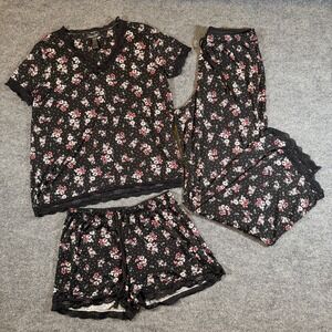 Rene Rofe 3-Piece Sleepwear Set S Top Shorts Pants Floral Scalloped Lace Trim